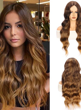 Cos lace long curly hair women party wig 欧美金棕蕾丝假发