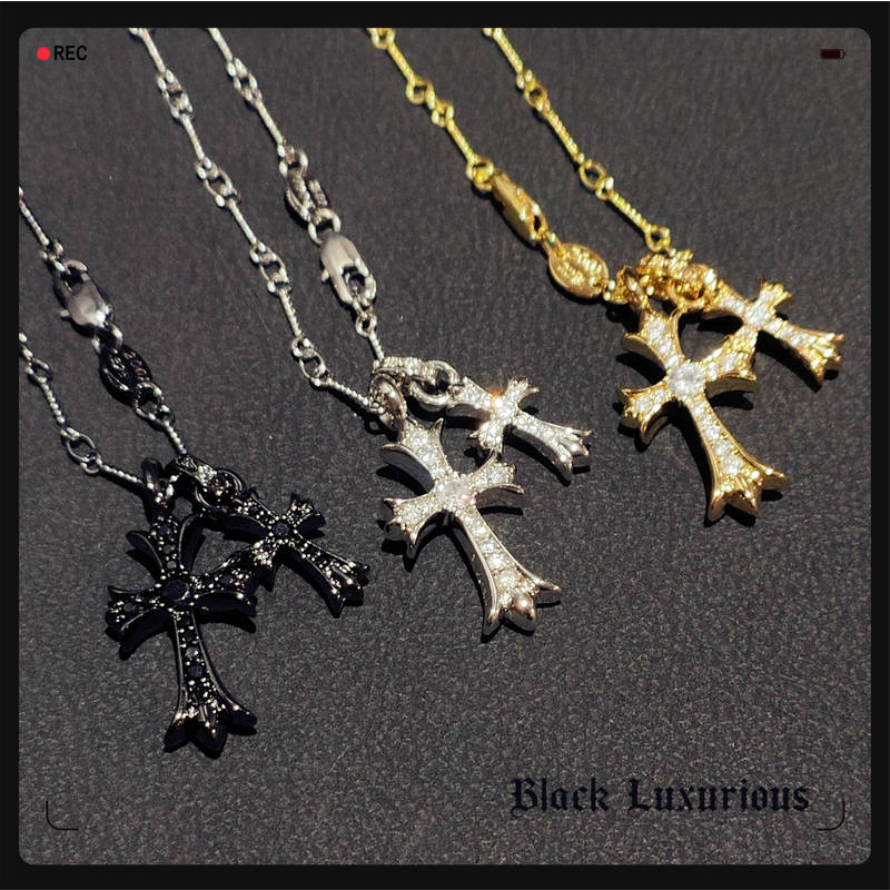 Black Luxurious电镀22K18K白金黄金黑金镶钻双十字架INS麻花项链