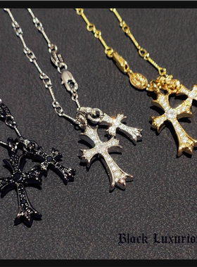 Black Luxurious电镀22K18K白金黄金黑金镶钻双十字架INS麻花项链