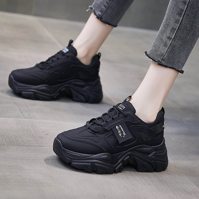 高级黑色运动鞋女厚底增高显脚小
