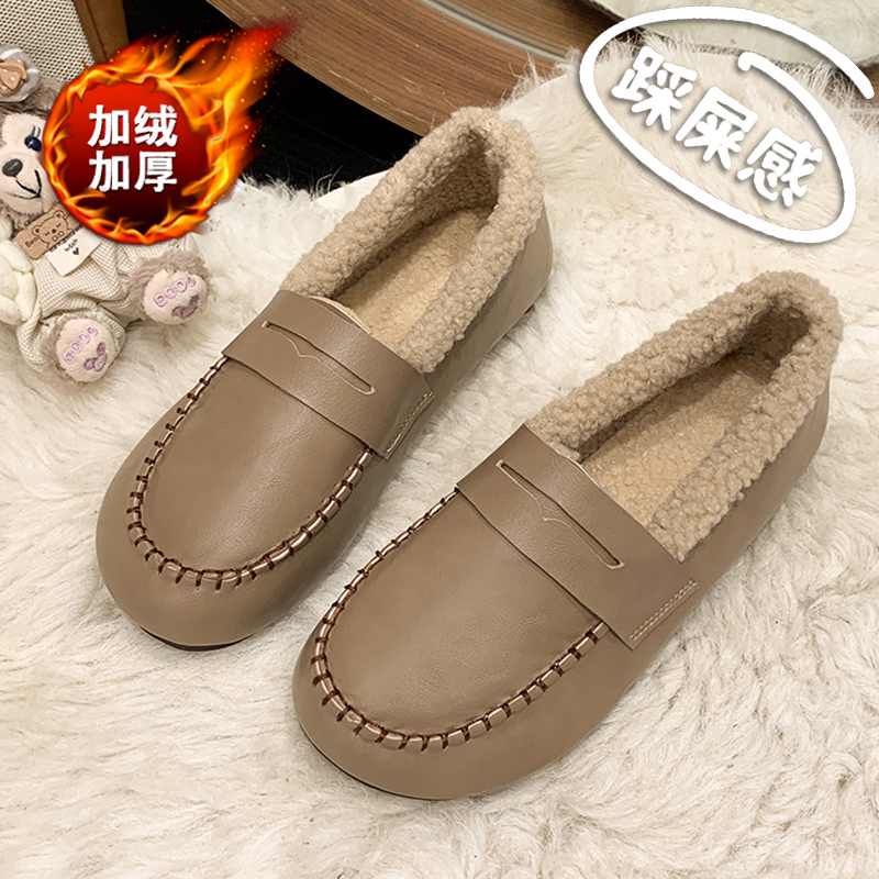 妈妈棉鞋女冬季外穿真皮加绒豆豆鞋防水防滑中老年皮鞋大码41一43