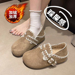 薄绒可踩脚懒人内增高休闲鞋 秋冬保暖小棉鞋 女2025新款 加绒勃肯鞋