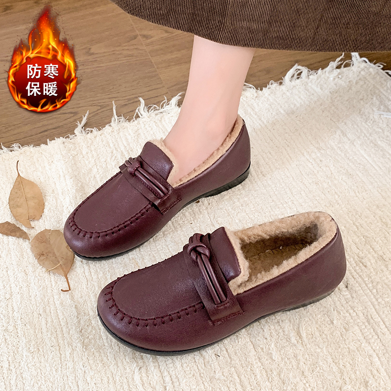 防水妈妈小棉鞋女冬季加绒保暖老人皮鞋一脚蹬防滑奶奶豆豆鞋皮面
