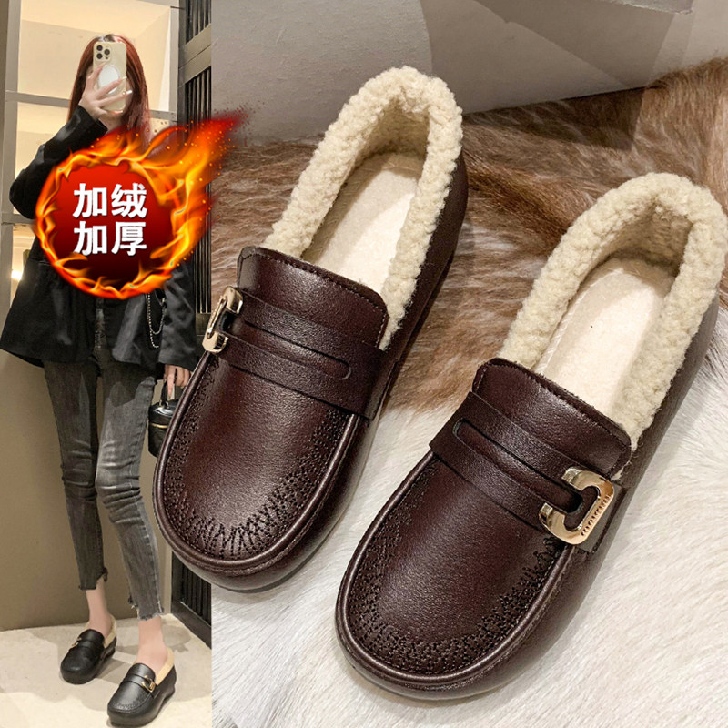 中老年棉鞋女士冬季真皮加绒豆豆鞋一脚蹬防水防滑妈妈奶奶皮鞋子,女鞋,棉鞋,淘宝优惠券,粉丝福利购,淘宝优惠卷
