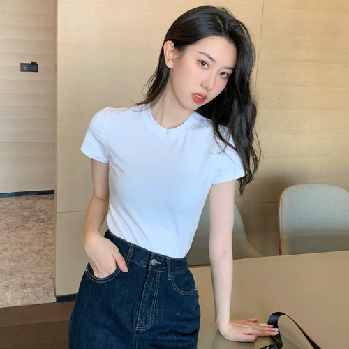 2024春夏洋气新款白色t恤女短袖半高领紧身中领半袖上衣潮打底衫