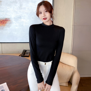 棉长袖t恤女半高领修身紧身内搭中领黑色打底衫春秋女装上衣新款