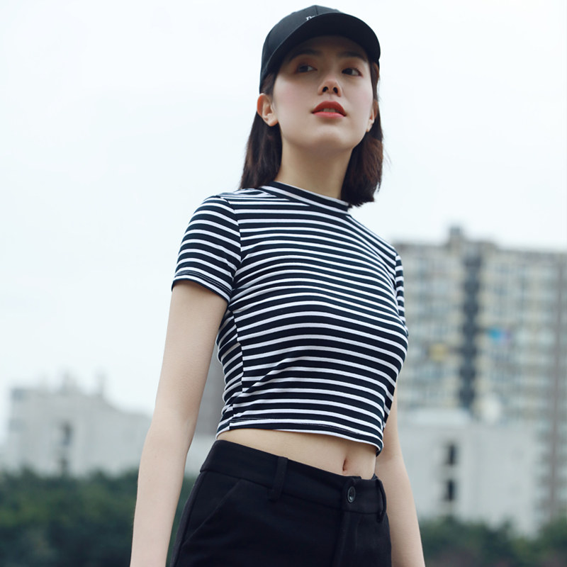 短款高腰露脐T恤女短袖紧身韩版黑白条纹短装打底衫夏女装上衣棉