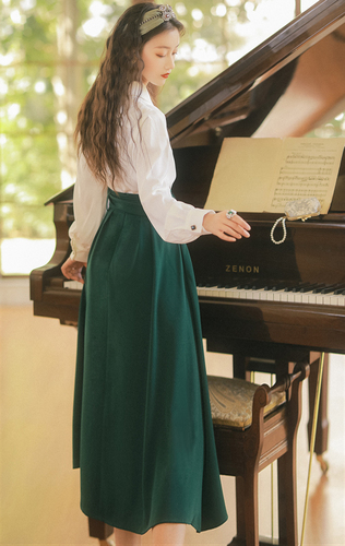 White shirt + dark green skirt dress with belt