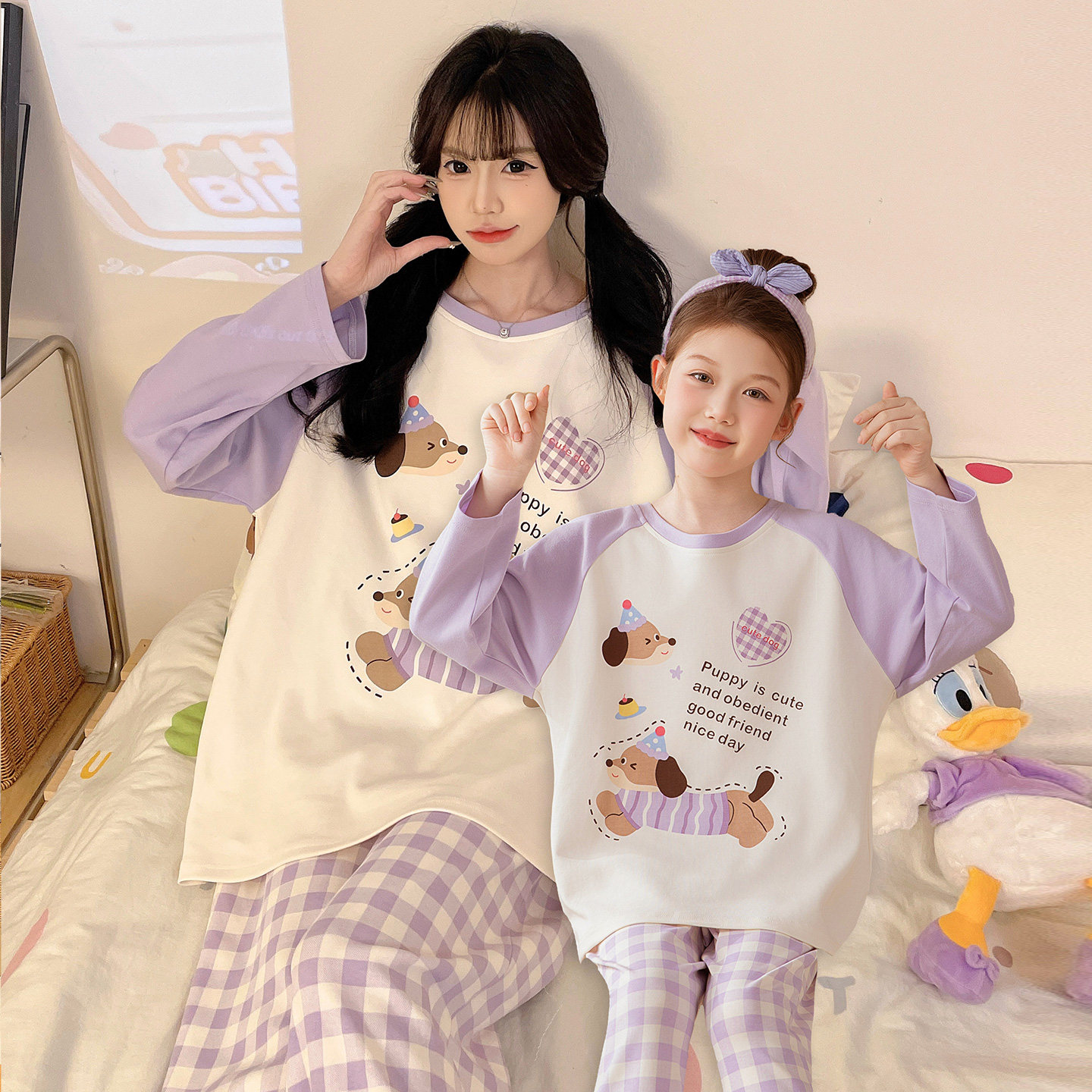 亲子睡衣女童春秋季纯棉长袖可爱休闲女孩儿童母女家居服套装新款