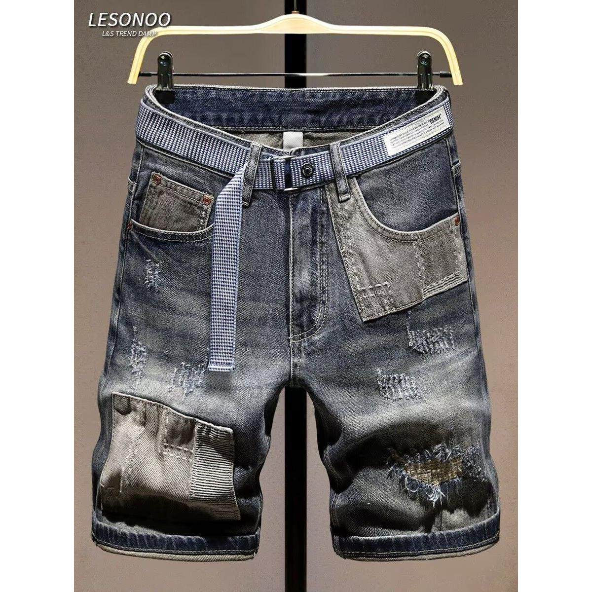 潮牌拼接牛仔短裤男夏季新款撞色贴布破洞五分裤男款潮流修身中裤