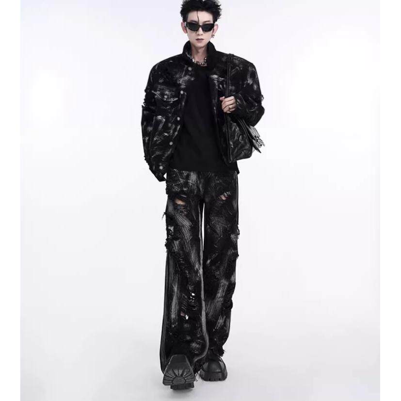 废土风牛仔外套套装男 欧美街头涂鸦水洗破洞牛仔裤春秋款夹克男,男装,其他套装,淘宝优惠券,粉丝福利购,淘宝优惠卷