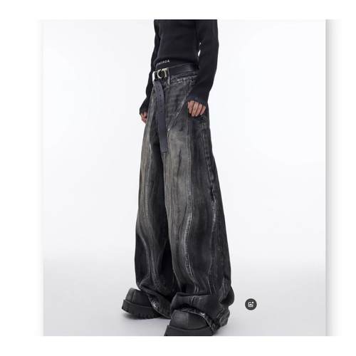 2024春秋重磅复古做旧阔腿宽松牛仔裤小众手绘设计感休闲裤高腰裤