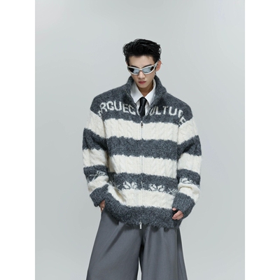 ArgE CultrE黑白撞色粗针编织开衫宽松秋冬慵懒舒适针织毛衣潮牌