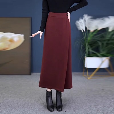 一片式毛呢半身裙女春秋长裙子2025新款高腰开叉包臀裙配大衣冬裙