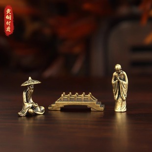 黄铜渔翁姜太公钓渔翁小桥僧人造景微景观铜摆件微型迷你鱼缸装饰