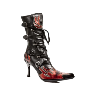 NewRock官方正品秋冬款复古朋克火焰尖头西部真皮高跟女靴中筒靴