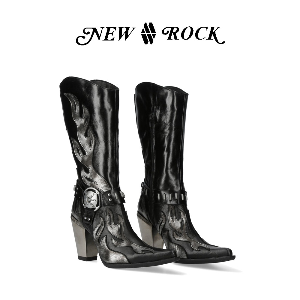 NEWROCK官方正品真皮手工定制欧美西部火焰女王高跟高筒骑士女靴