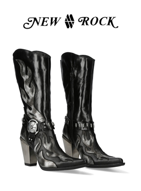 NEWROCK官方正品真皮手工定制欧美西部火焰女王高跟高筒骑士女靴