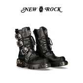 NEWROCK官方正品 手工定制复古做旧骷髅朋克中筒机车厚底靴多色