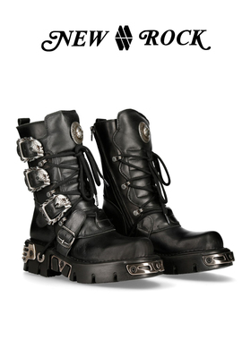 NEWROCK官方正品手工定制复古做旧骷髅朋克中筒机车厚底靴多色