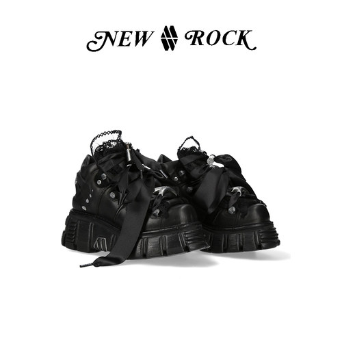 New Rock新款暗黑朋克哥特甜心朋克蕾丝缎带绑带金属高帮厚底鞋