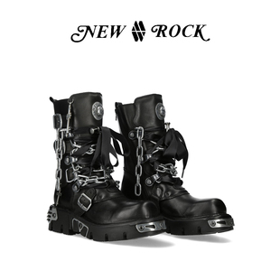 New 金属缎面系带亚文化朋克中筒金属厚底靴 Rock西班牙潮牌25新款