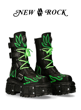 NewRock手工定制希林同款荧光火焰暗黑朋克机能松糕厚底靴