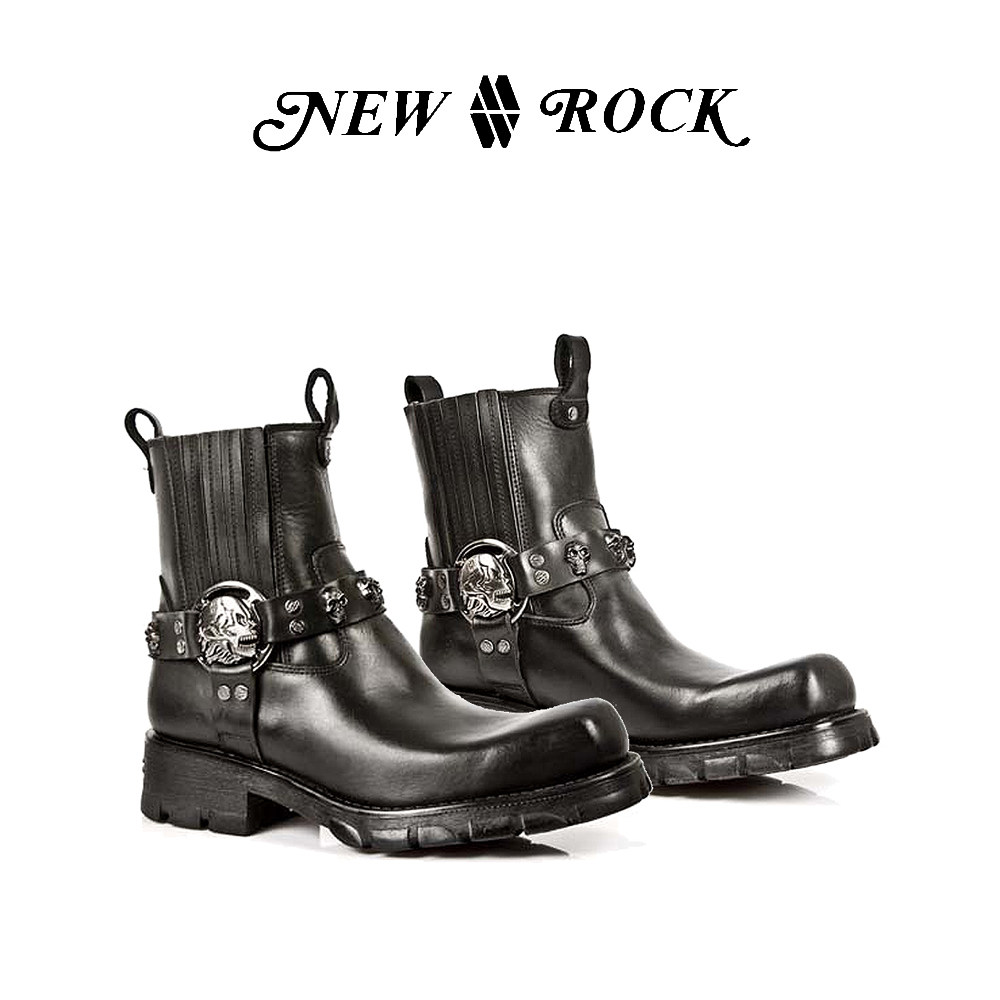 NEWROCK西班牙摇滚重炮郑钧同款复古金属铆钉真皮男骑士摩托短靴