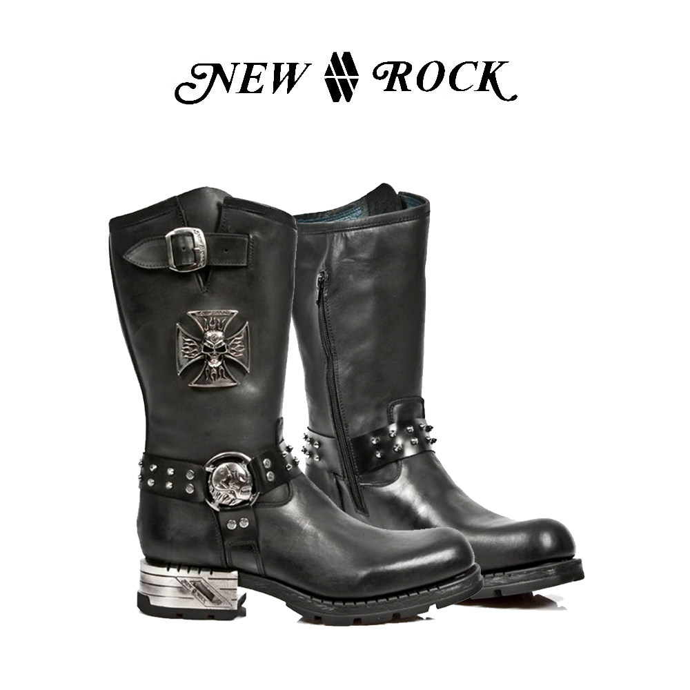 NEWROCK官方正品真皮手工定制简约骷髅铆钉摩托机车中筒骑士靴