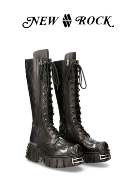 NewRock西班牙小众潮牌秋冬复古暗黑朋克金属火焰厚底松糕高筒靴