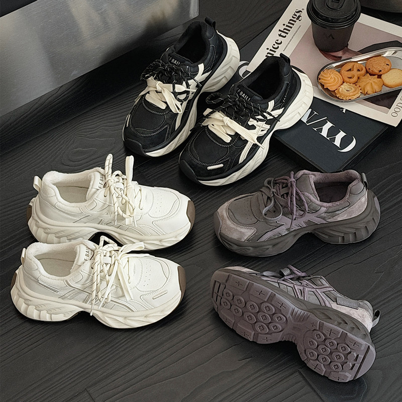 真皮厚底老爹鞋女2025秋冬季新款加绒跑步鞋轻便运动休闲鞋子1007