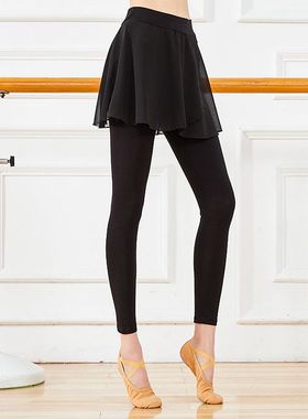 夏季莫代尔黑色舞蹈裙裤假两件七分裤女紧身显瘦瑜伽芭蕾舞蹈练功