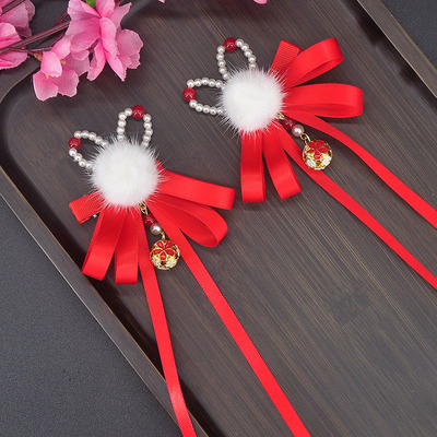 古风水貂毛球兔子造型少女发夹