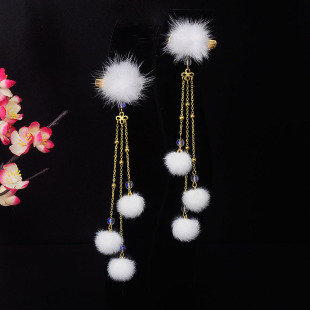 192 古风毛球发夹女汉服复古风头饰发饰配饰新年毛茸茸流苏对夹