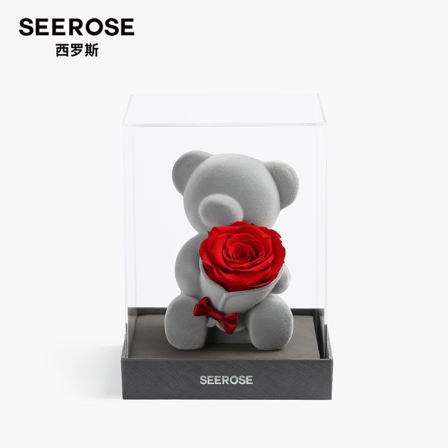 SEEROSE进口永生花保鲜玫瑰坐熊花束送女朋友情人节示爱生日礼物