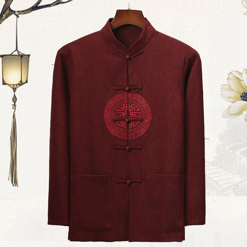 中老年唐装男士长袖上衣中国风中式刺绣大码套装春夏薄款爸爸衬衣