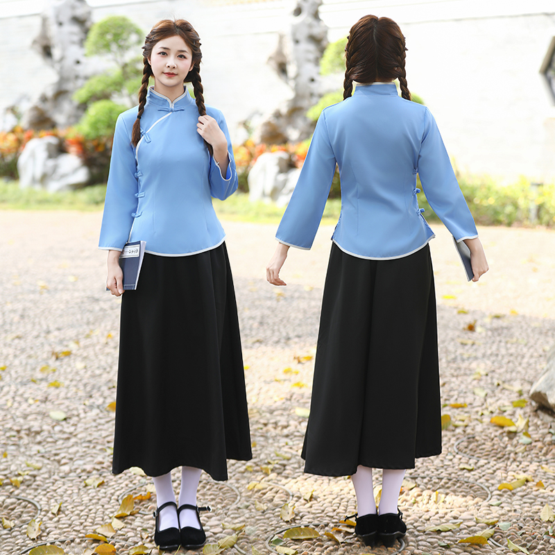 新中式民国风立领长袖上衣女修身蓝色演出服五四青年装