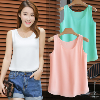 夏装新款bf风双层雪纺小背心百搭显瘦女宽松无袖大码chic吊带衫女