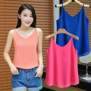 新款 衫 品V领雪纺小吊带背心春夏 外穿打底无袖 衣潮女 宽松大码 韩版