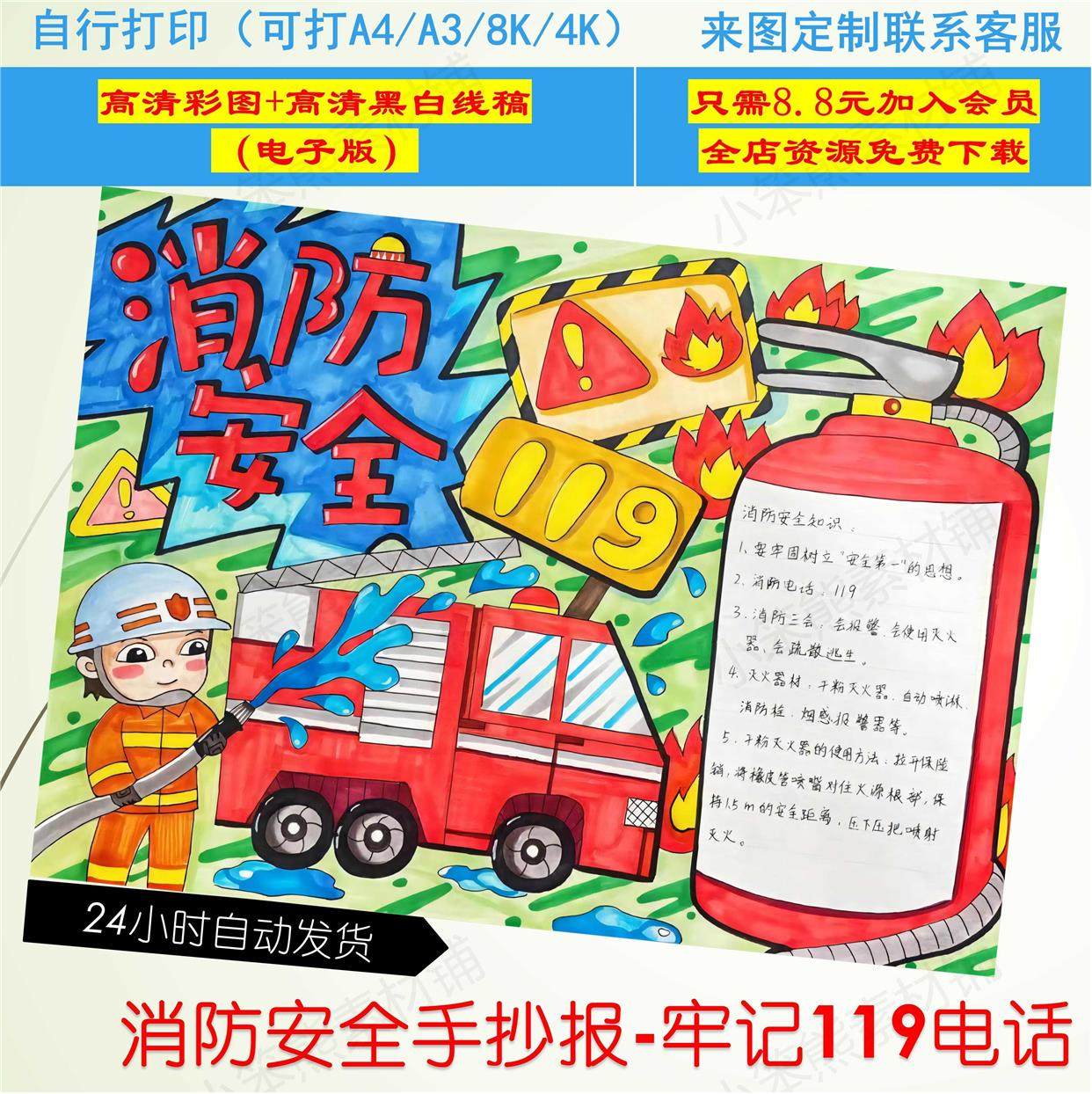 消防安全伴我行儿童画手抄报模板小学生预防火灾安全教育绘画作品