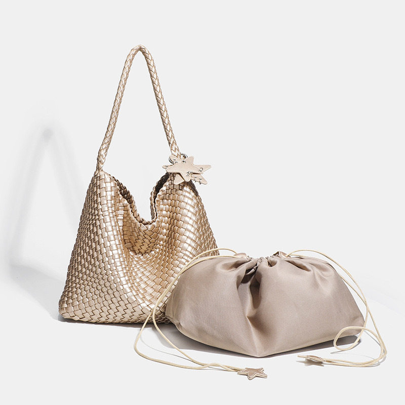 2025新款香槟色编制托特包女大容量时尚休闲包通勤手提单肩包,箱包皮具/热销女包/男包,通用款女包,淘宝优惠券,粉丝福利购,淘宝优惠卷