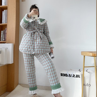 睡衣冬季 拼接花边甜美翻领保暖公主外穿家居服 三层夹棉加绒女套装