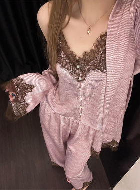 法式蕾丝拼接吊带睡衣女夏季新款少女风舒适外套长裤家居服三件套