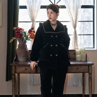 冬季 三层夹棉加厚女睡衣雪尼尔绒翻领休闲保暖加珊瑚绒外穿家居服