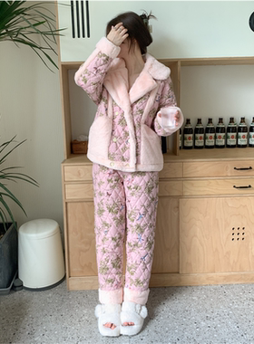 pink grape睡衣秋冬季夹棉加厚女外穿套装印花简约加绒保暖家居服