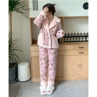 印花简约加绒保暖家居服 夹棉加厚女外穿套装 pink grape睡衣秋冬季