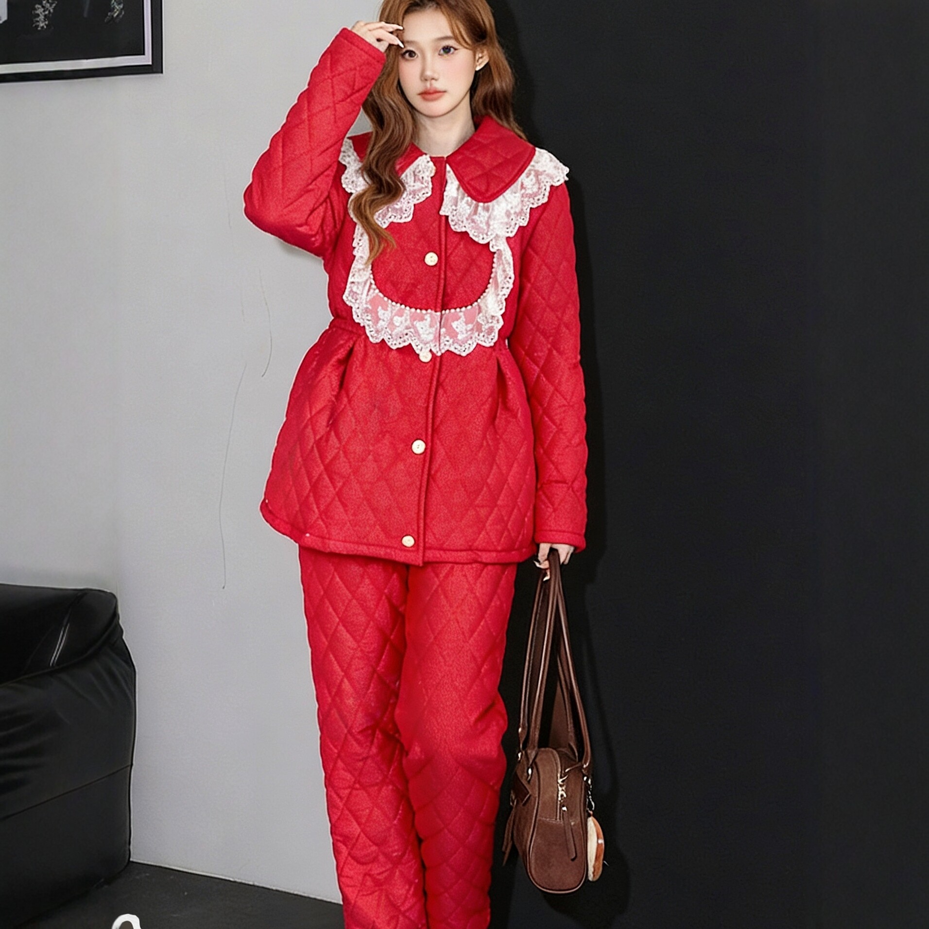 pink grape特厚三层夹棉大红色睡衣冬季法式新款新娘本命年家居服