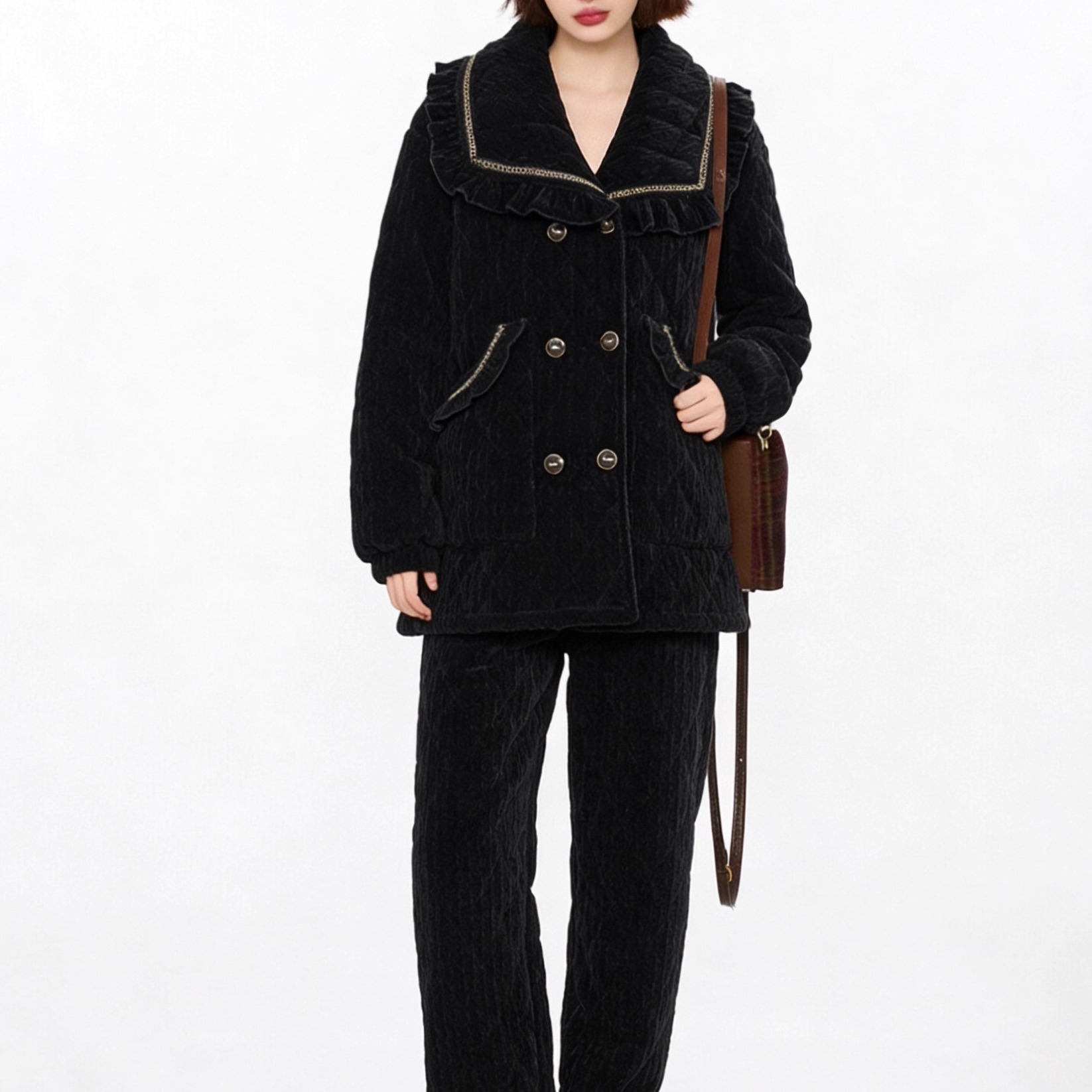 冬季三层夹棉格子短款旅行家居服