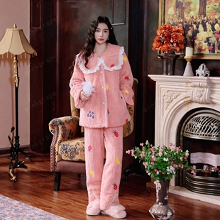 pink 女士睡衣双层珊瑚绒加厚韩版 宽松刺绣娃娃领套装 grape秋冬季