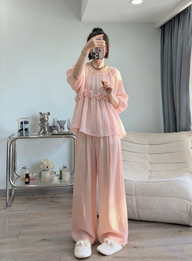le rouge周美美 柔雾轻粉100苎麻手工花朵上衣灯笼裤连衣裙套装